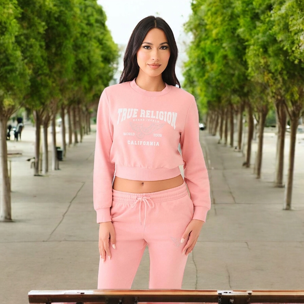 TRUE RELIGION CRYSTAL WING HORSESHOE CROP SWEATSHIRT COLOR ROSETTE SIZE LARGE